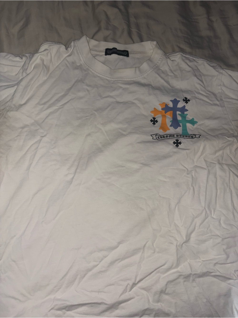 Chrome Hearts White Short Sleeve Tee with Multi-Color Cross Graphic